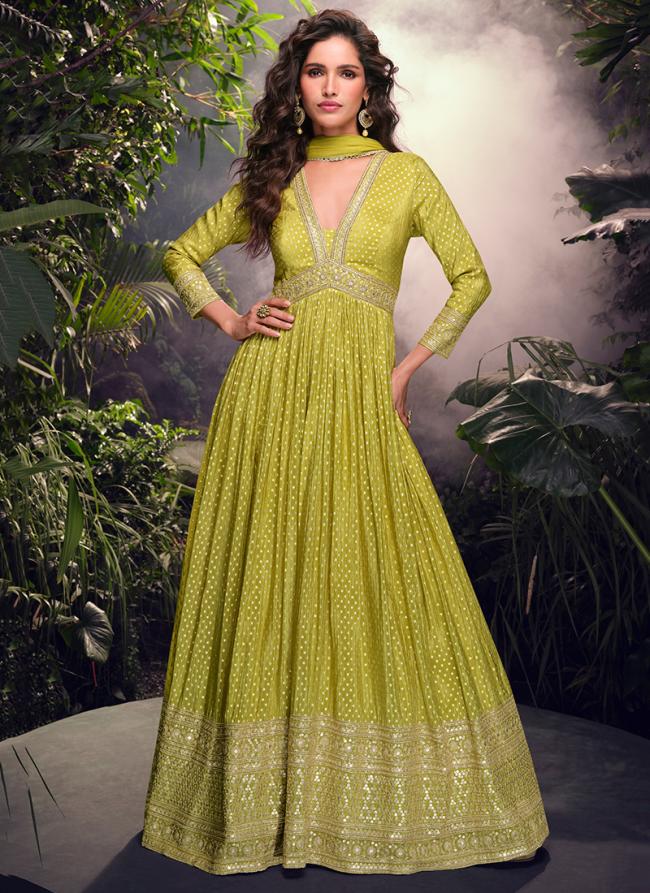 Pure Viscose Green Wedding Wear Embroidery Work Readymade Anarkali Suit